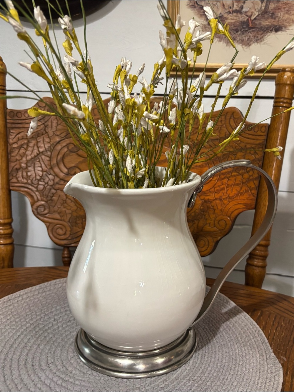 Tuscan Arte Italica White Ceramic Pitcher with Silver Pewter Handle